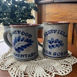 Handcrafted Vintage Stoneware Virginia Mugs with Blue Leaf Design Signed EUC